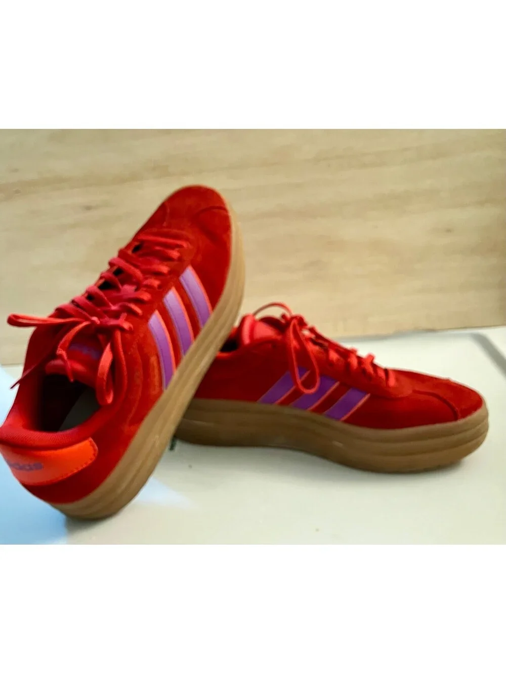 Adidas VL Court Bold Red Suede Platform Sneakers Gum Purple 3 Stripe Womens 10